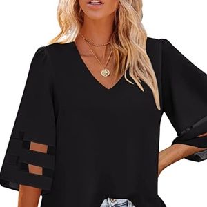 Women's Black V Neck Casual Mesh Panel Blouse 3/4 Sleeve